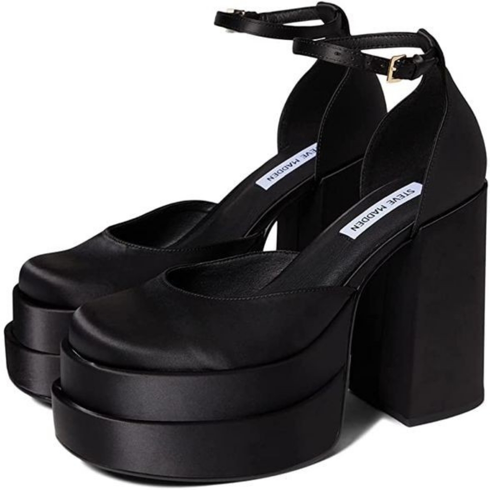 STEVE MADDEN CHARLIZE BLACK SATIN PLATFORM HEELS - Picture 2 of 5